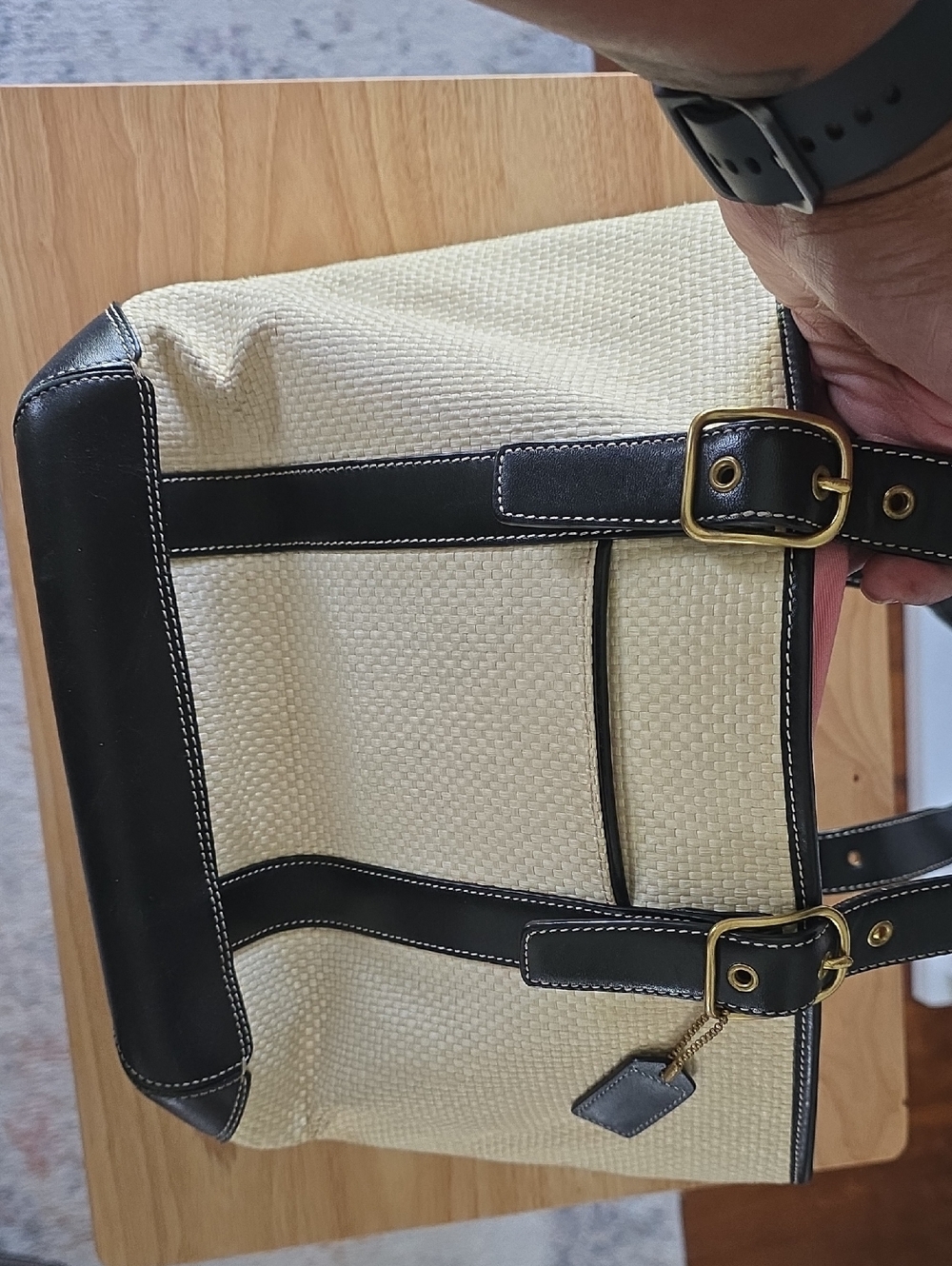 Coach Cream Canvas Satchel with Black Leather Trim and Gold Hardware